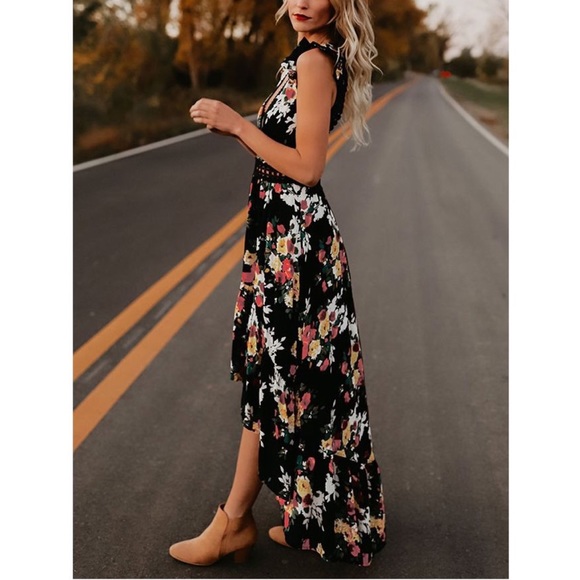 Black Floral Boho High Low Dress With Open Back - Picture 6 of 6